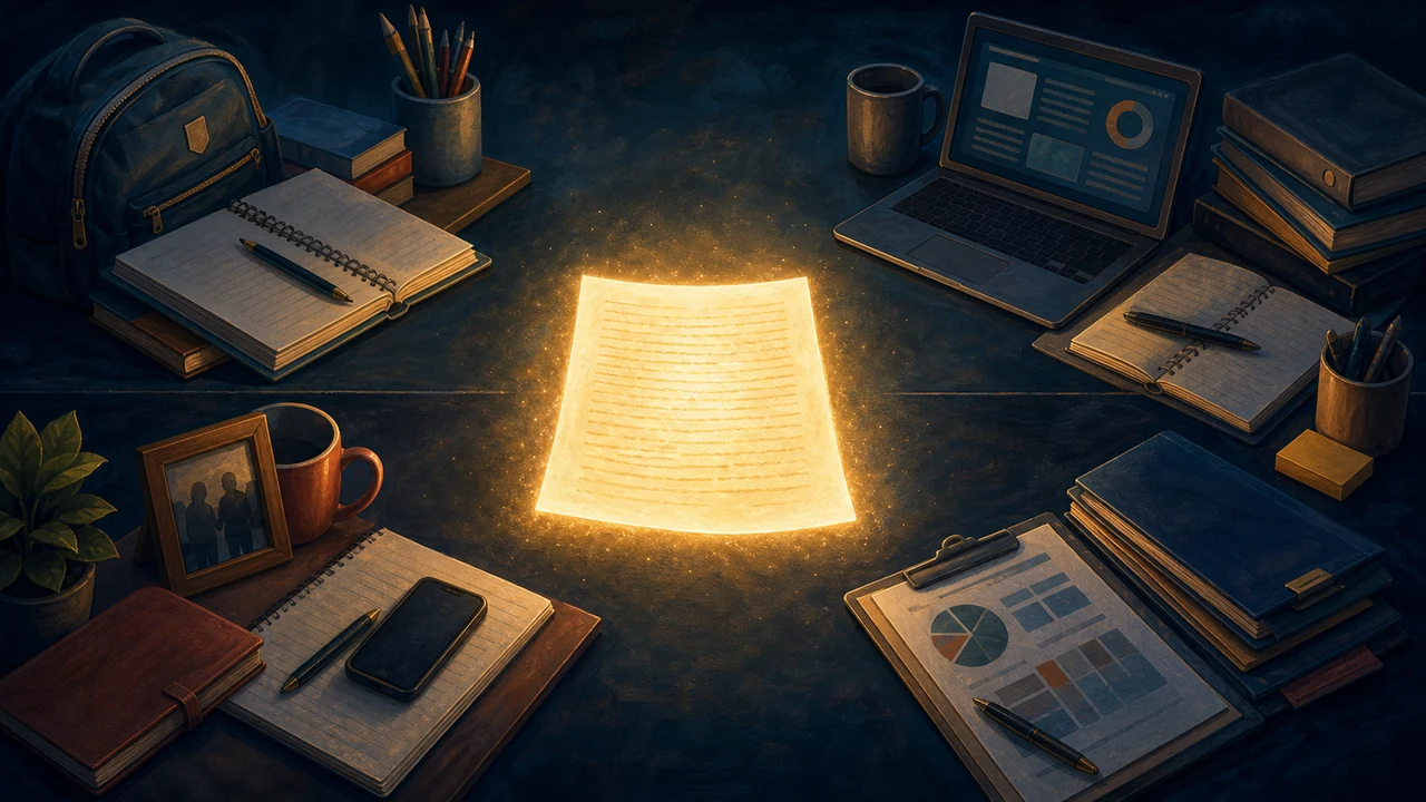 A glowing student essay at the center of four surrounding school workspaces.