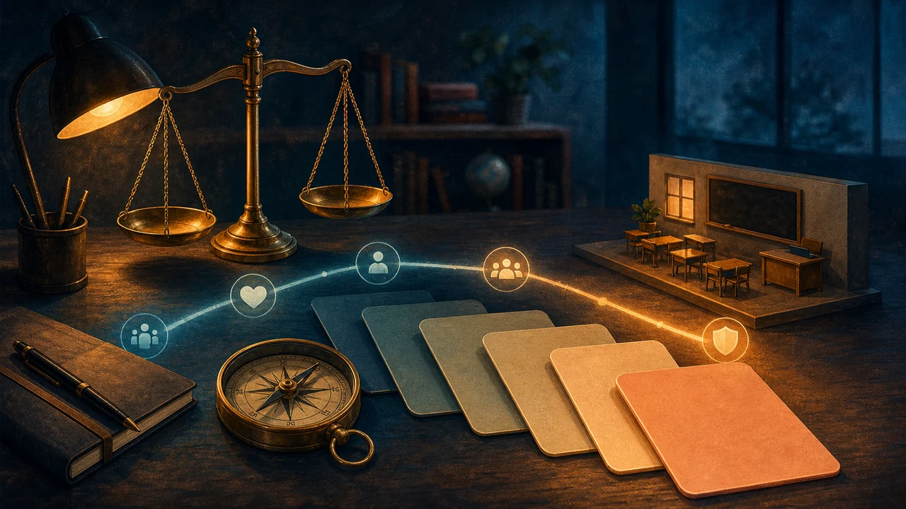A painterly policy desk with balance scales, a compass, and layered decision cards moving from values to classroom practice.