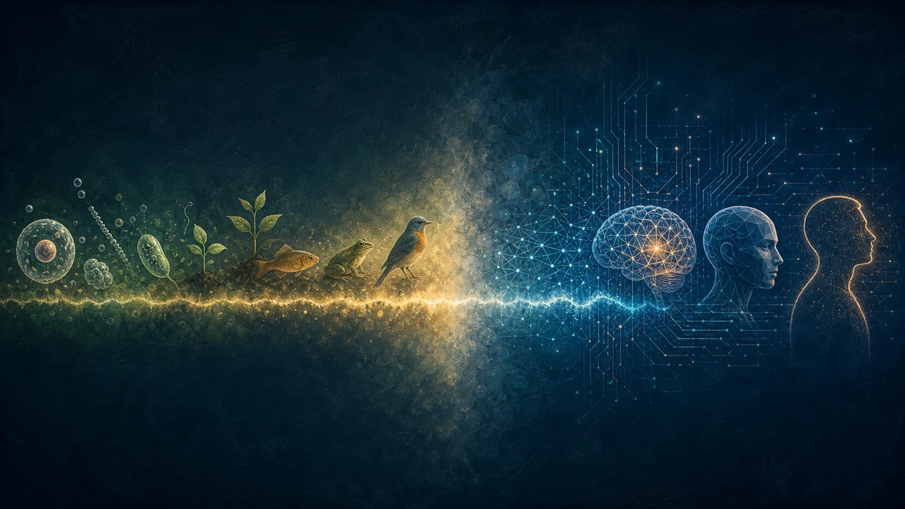 A fuzzy luminous boundary between organic life forms and abstract circuit-like AI forms.