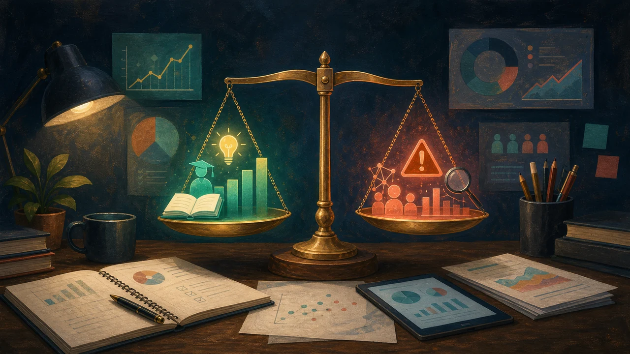 A research desk with charts and a balance scale weighing promising learning signals against cautionary evidence.