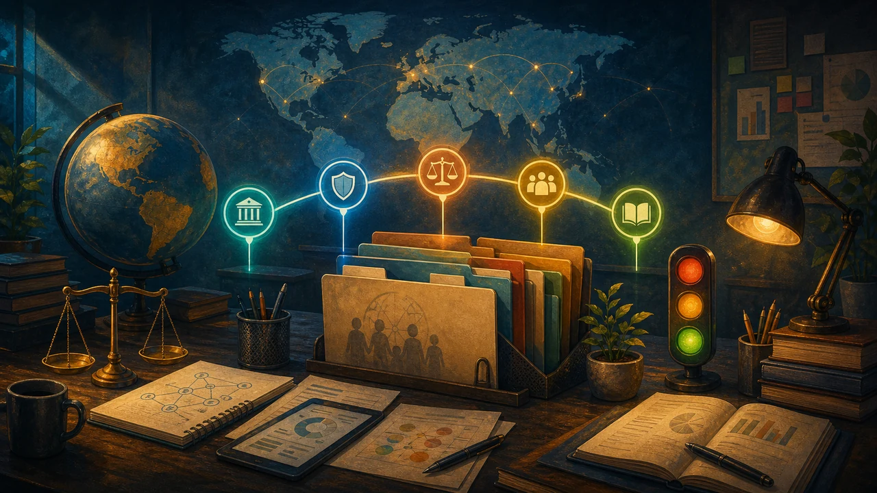 A painterly global AI policy desk with a world map, connected policy milestones, folders, a traffic-light signal, and classroom materials.