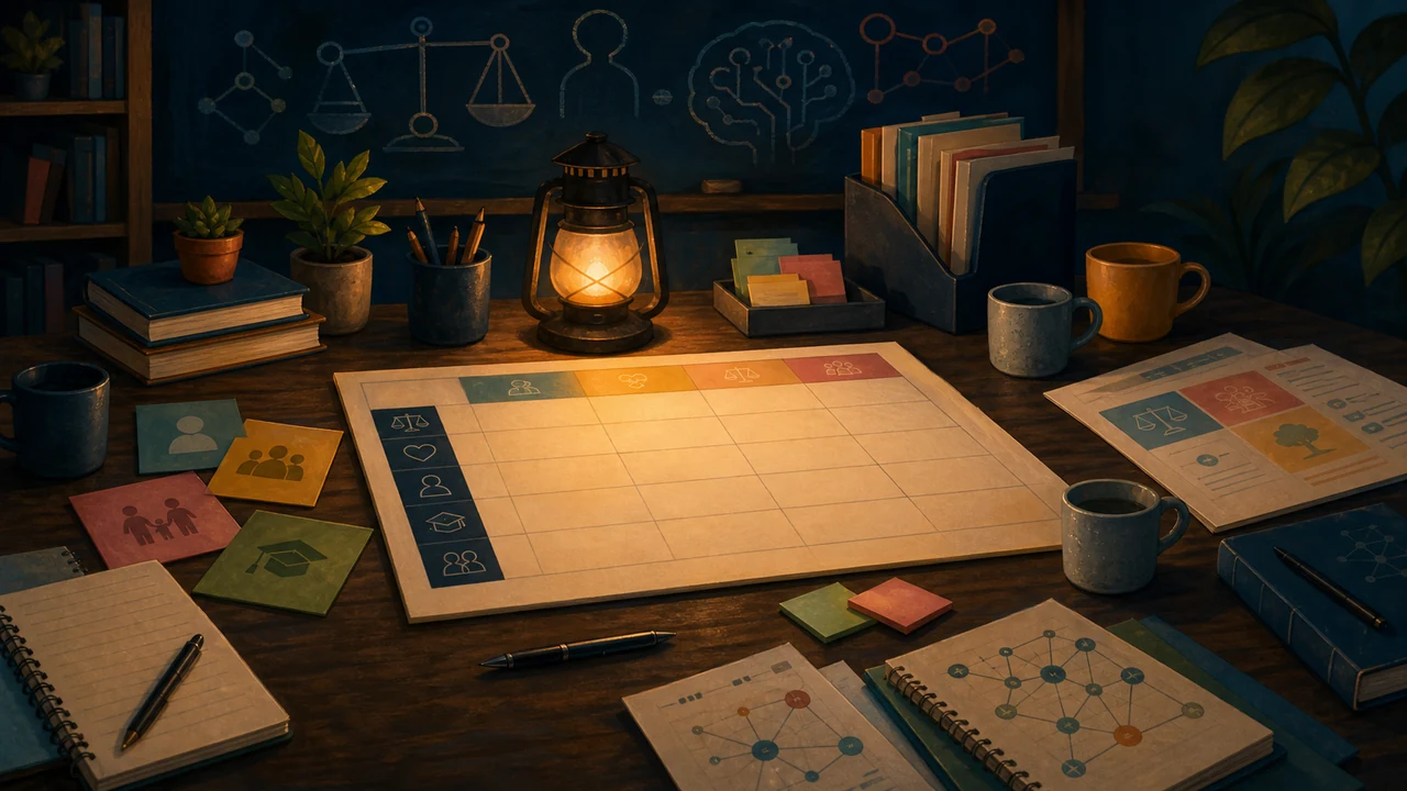A school leadership table with an ethical matrix, stakeholder cards, policy notes, and a warm center light.