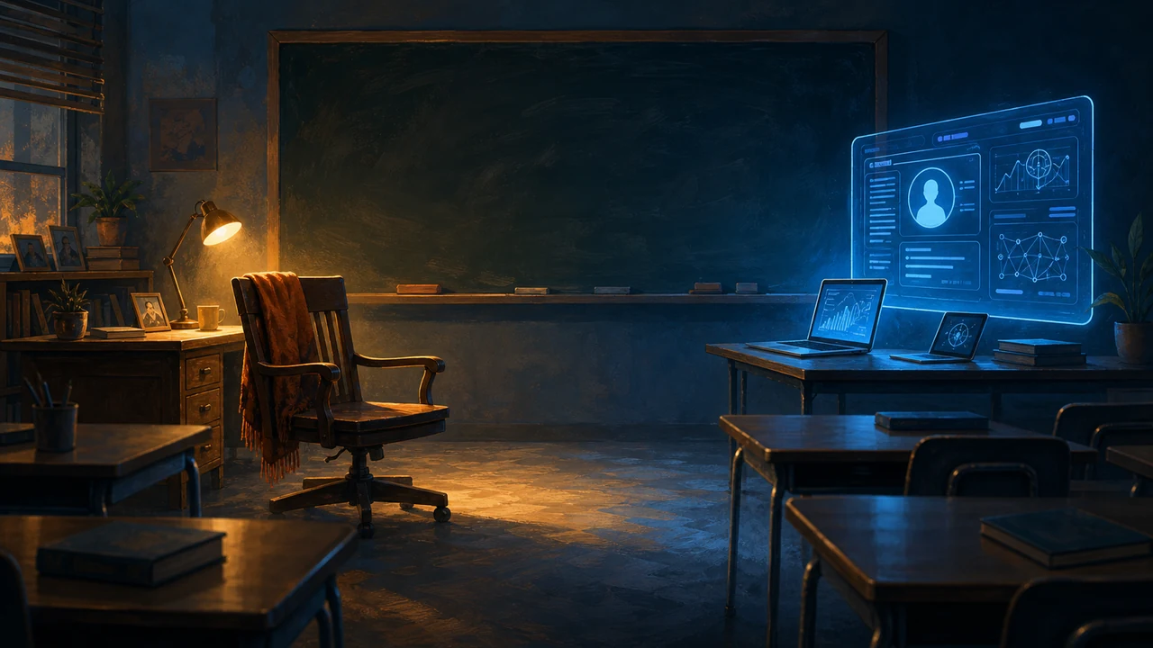 An empty teacher chair in a warm classroom facing a cool AI tutoring dashboard.