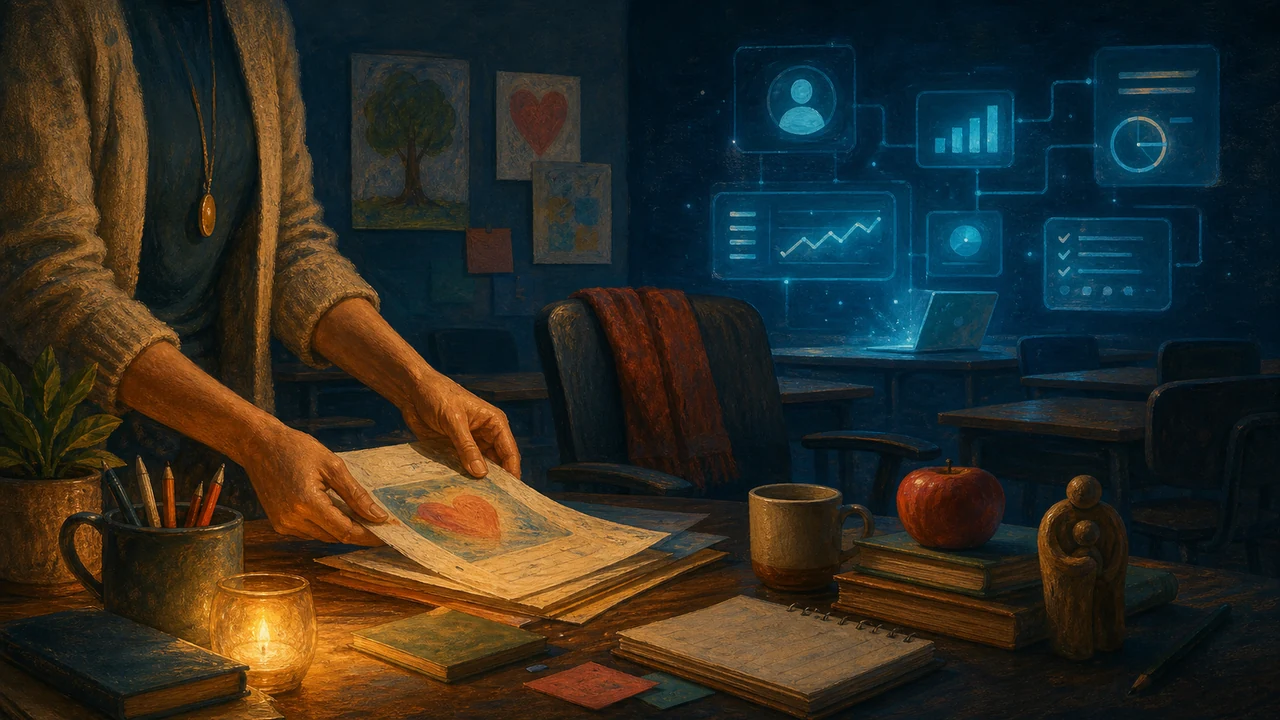 A warm teacher workspace in the foreground contrasted with a cool automated teaching dashboard in the background.