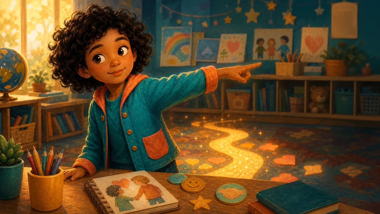Early elementary Ari points out of the illustration toward the intro comic start button.