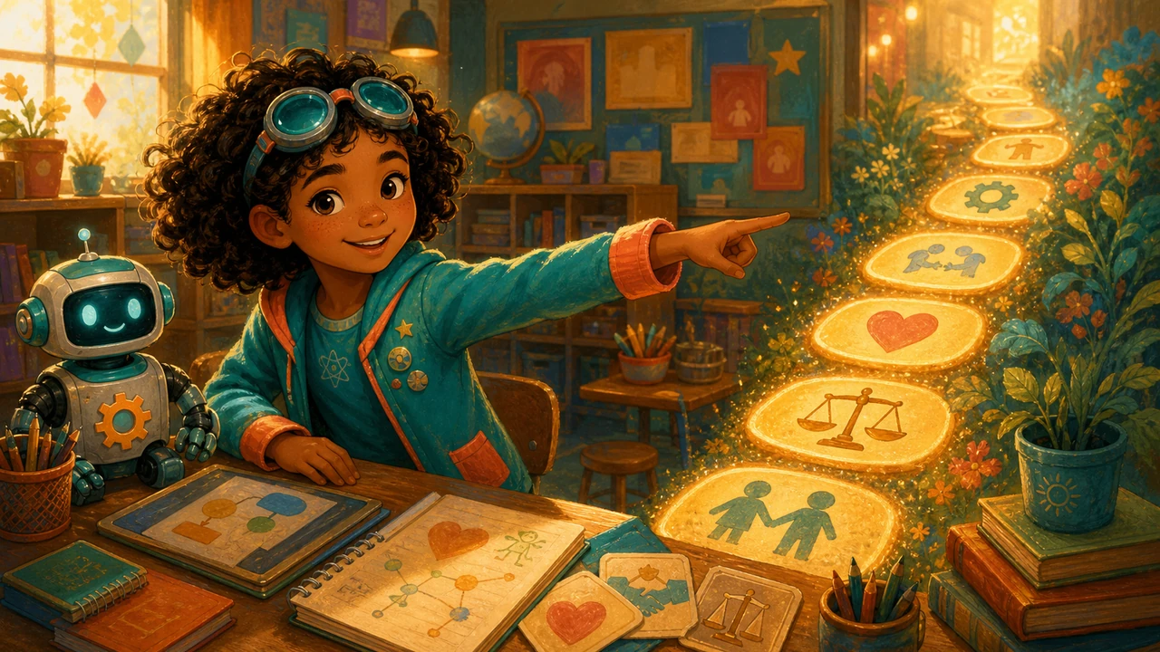 Elementary Ari points out of the illustration toward the intro comic start button.