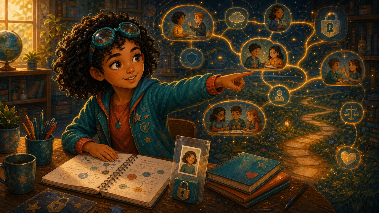 Older elementary Ari points out of the illustration toward the intro comic start button.