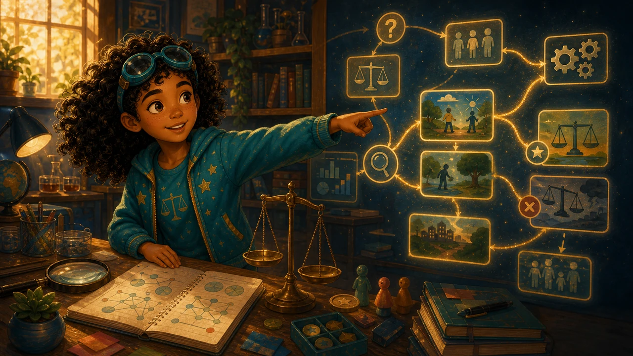 Older elementary Ari points out of the illustration toward the intro comic start button.