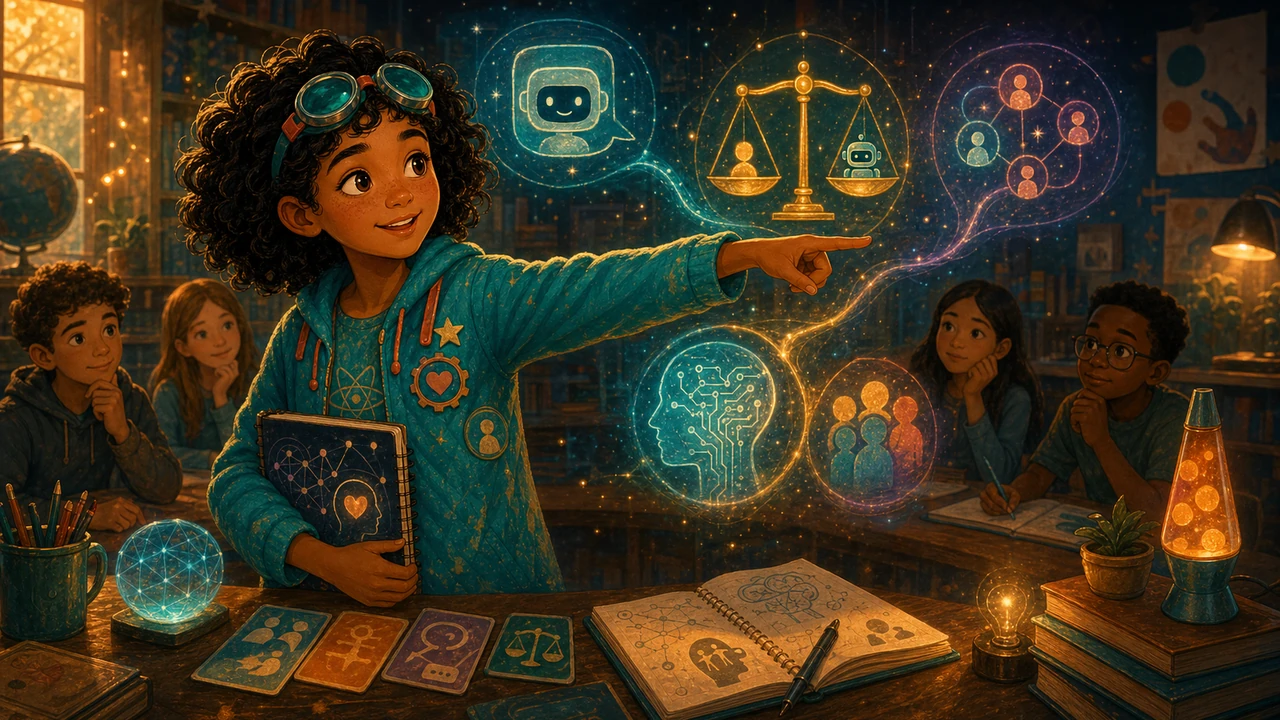 Pre-middle-school Ari points out of the illustration toward the intro comic start button.