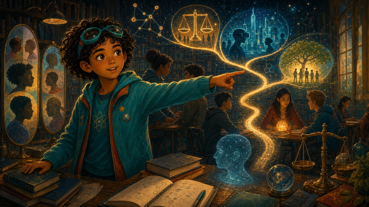 Middle-school Ari points out of the illustration toward the intro comic start button.