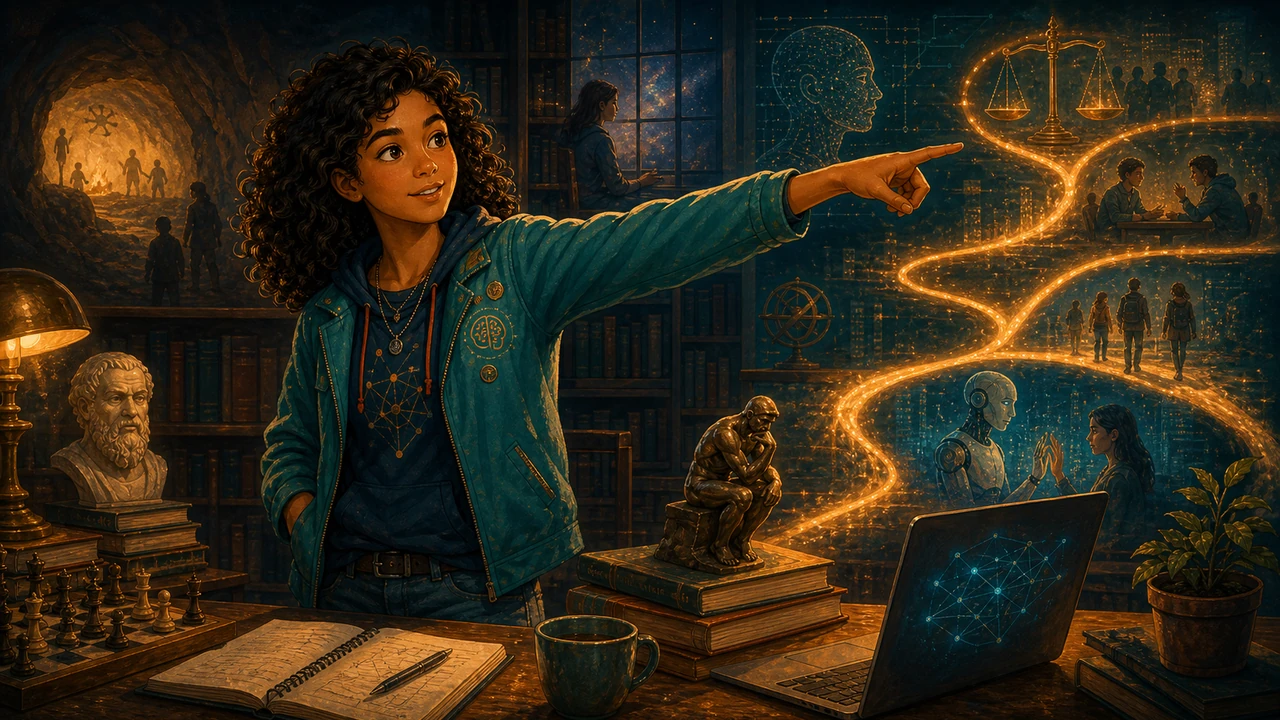 High-school Ari points out of the illustration toward the intro comic start button.