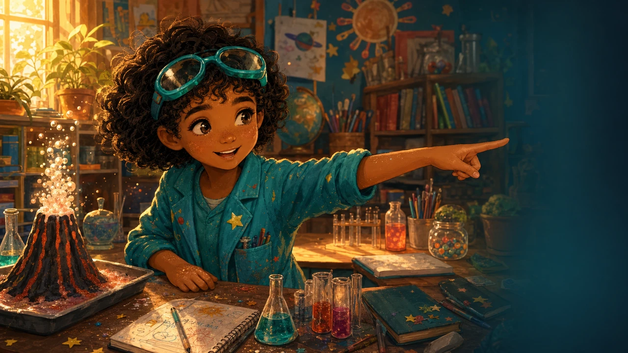 Young Ari in safety goggles points out of the illustration toward the intro comic start button.