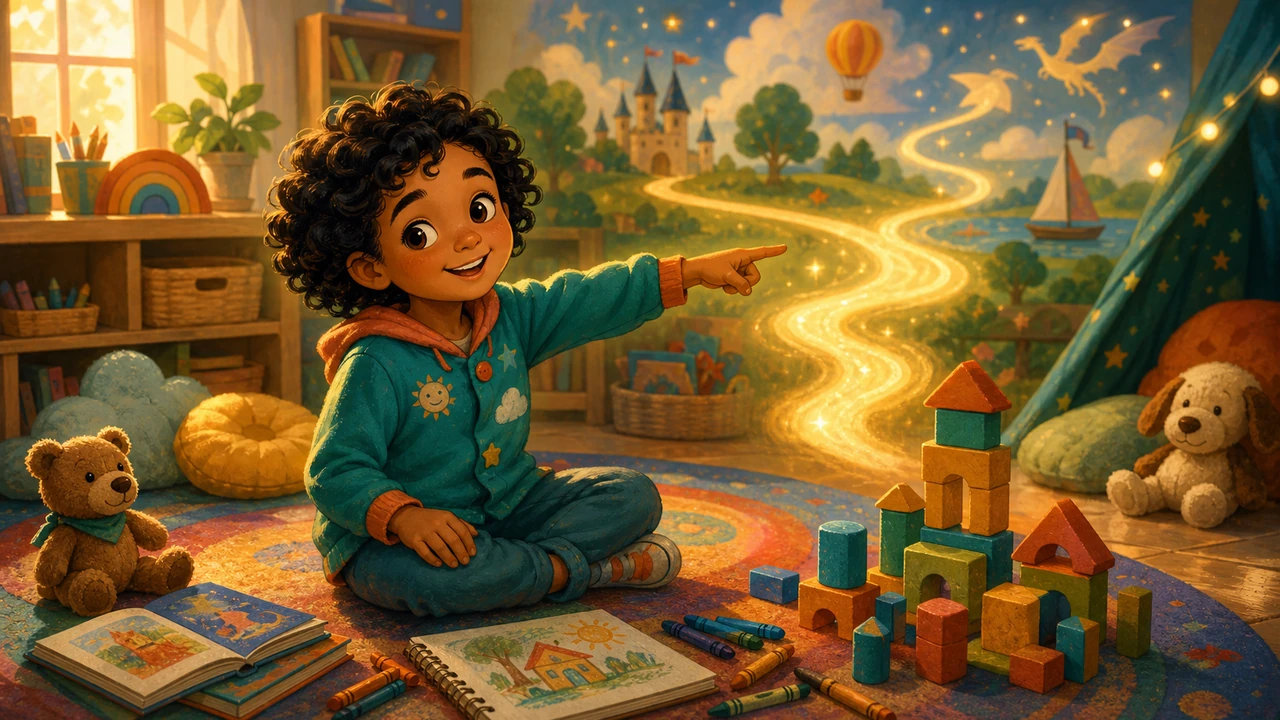 Kindergarten Ari points out of the illustration toward the intro comic start button.