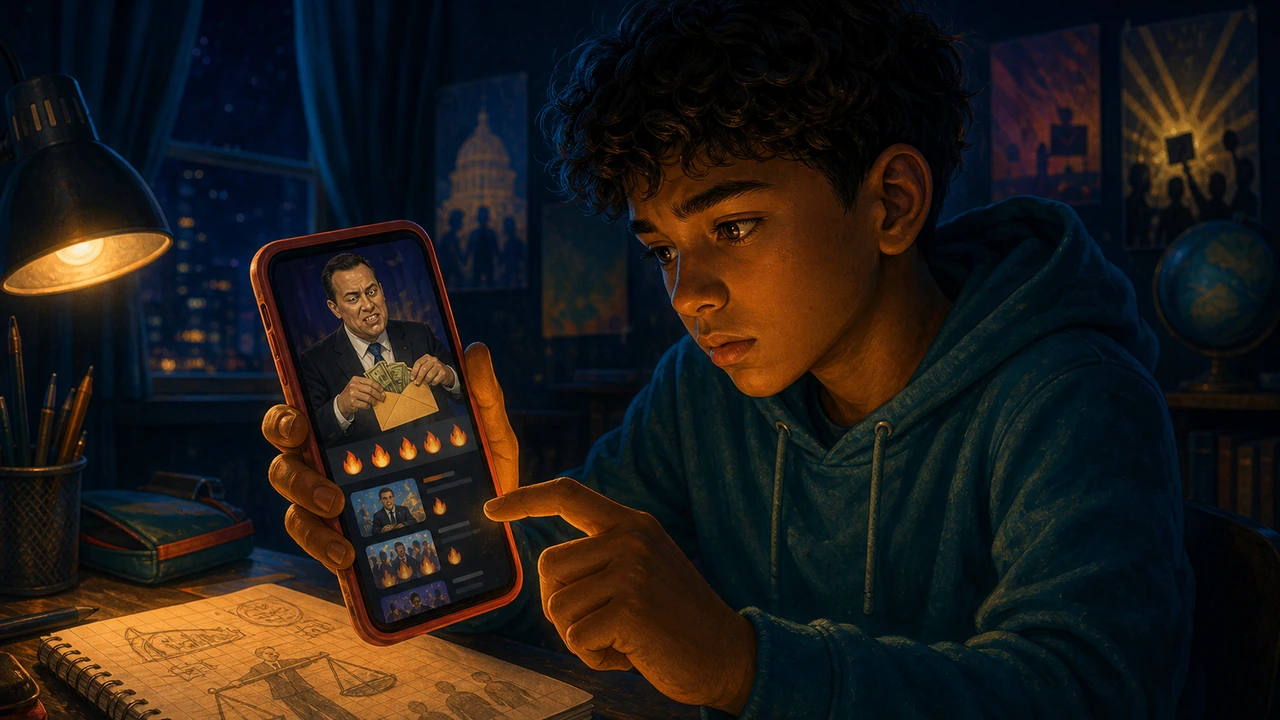 A middle-school student in a teal hoodie sees a suspicious viral mayoral video glowing on a phone before the election.