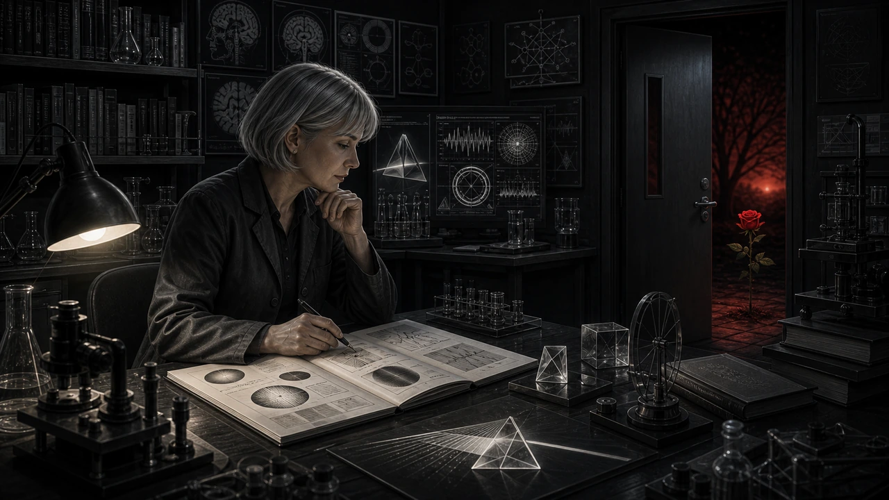 Mary studies every physical fact about color inside a black-and-white room while a red rose glows beyond the door.