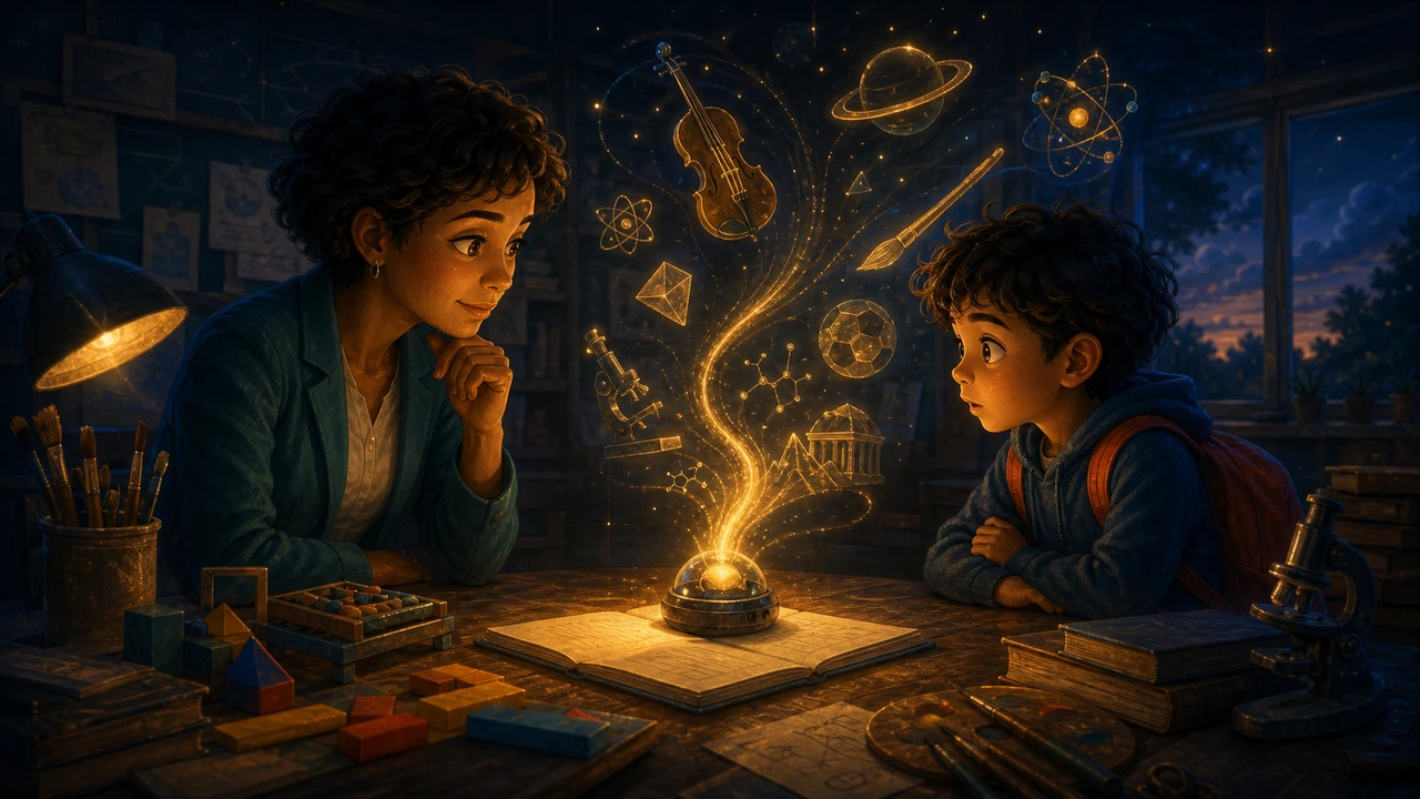 The educator-parent and child study a glowing knowledge device on a classroom desk as golden skill symbols rise into the air.