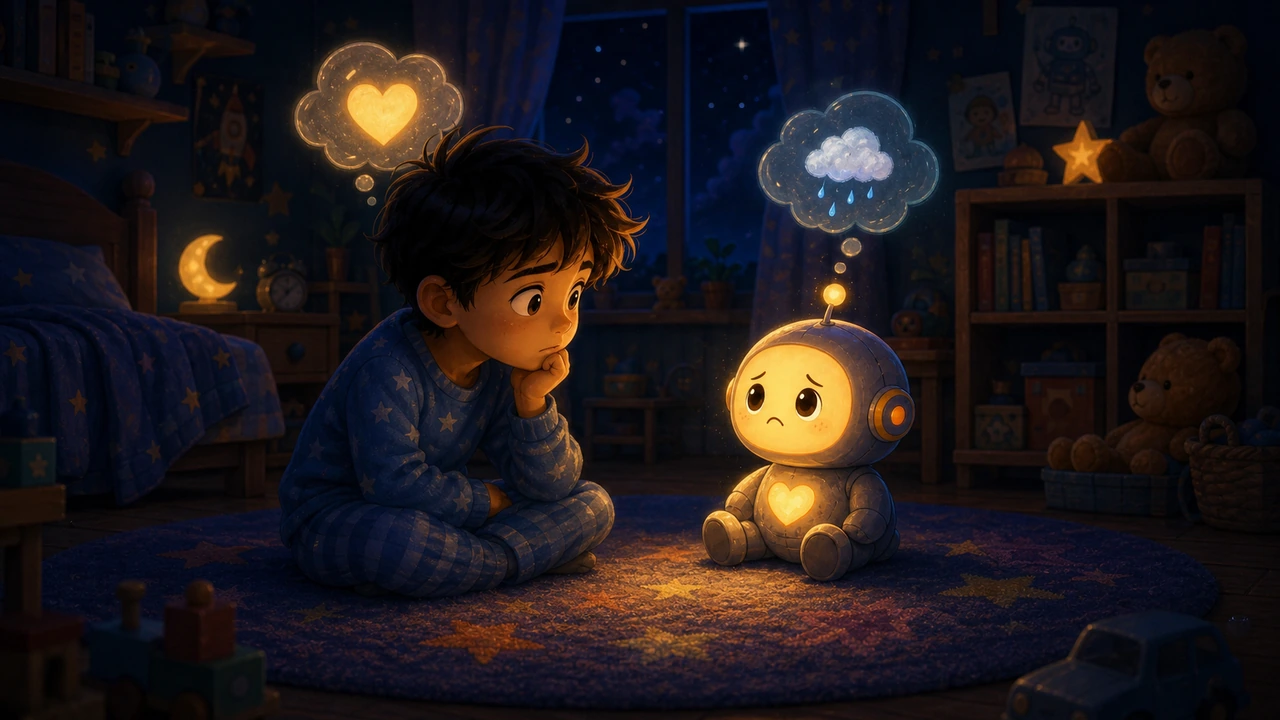 A child in blue pajamas studies a glowing toy that seems sad and wonders whether its feelings are real.
