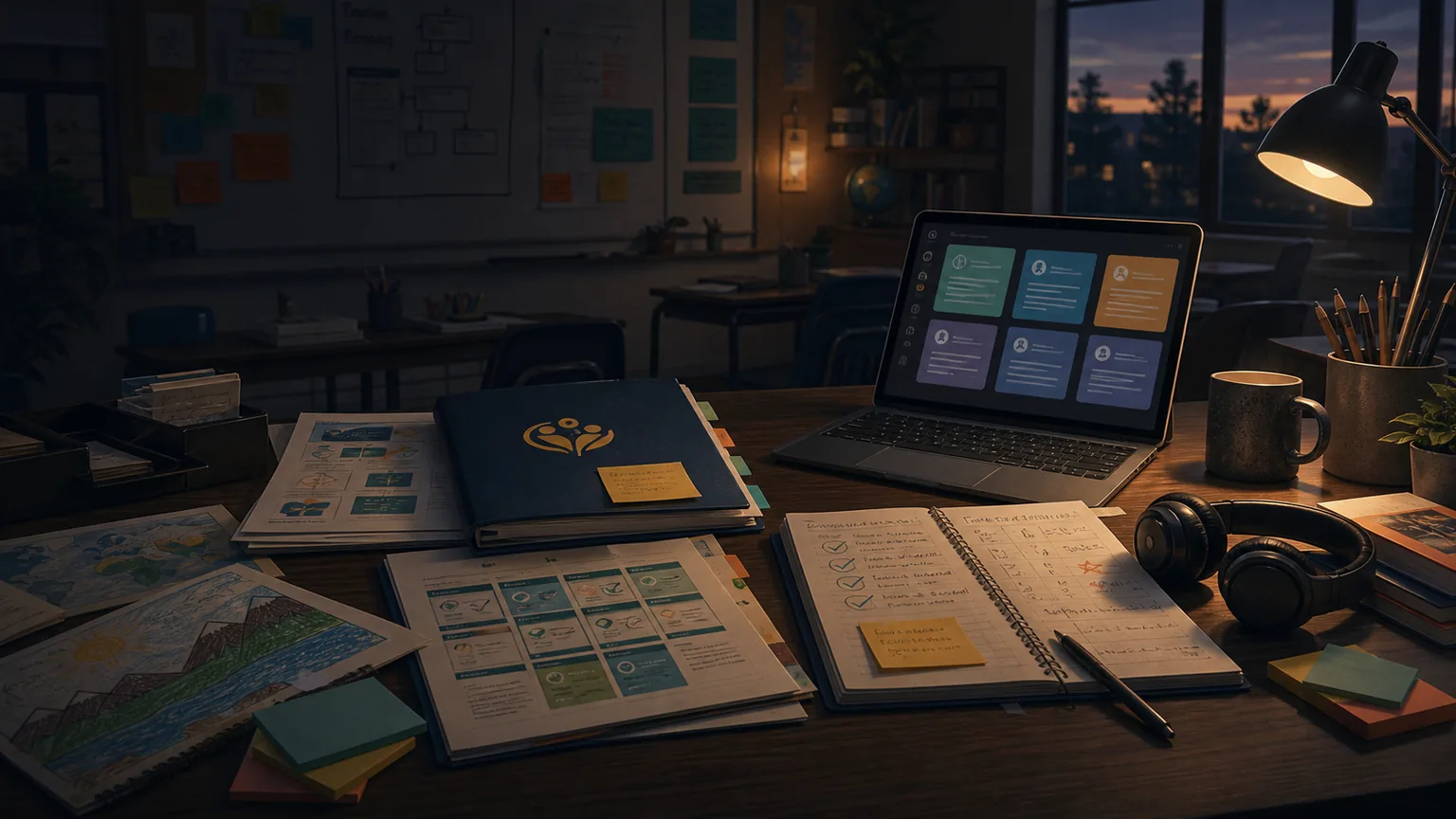 A classroom planning table with lesson plans, accessibility supports, headphones, and assistant cards on a laptop.