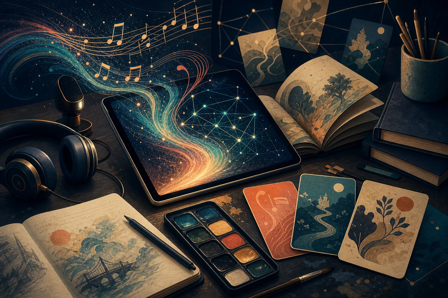 A creative teaching desk with music notes, story pages, watercolor palette, headphones, and a glowing tablet.