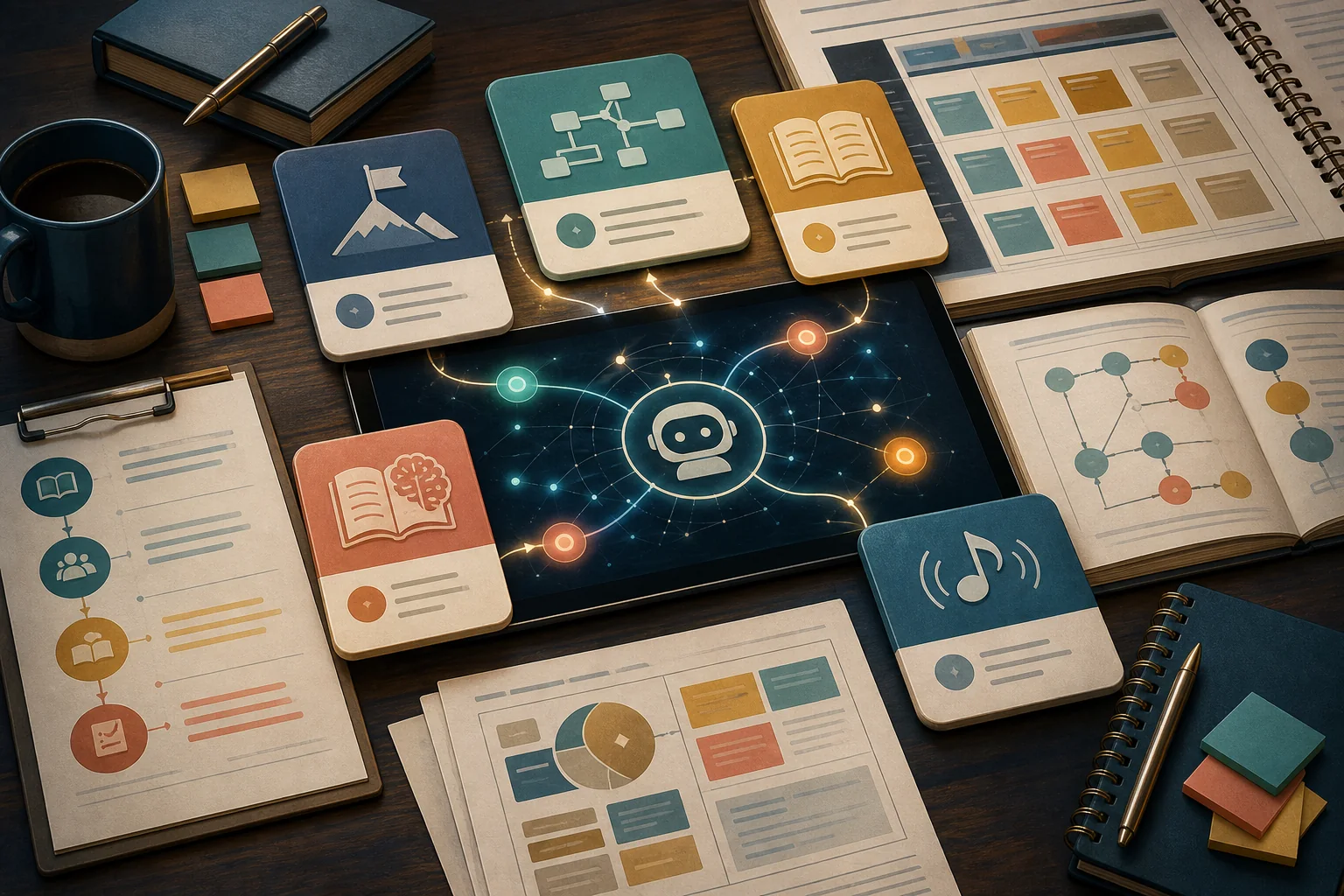 Professional development planning materials, lesson maps, assistant cards, and connected node lines on a tablet.