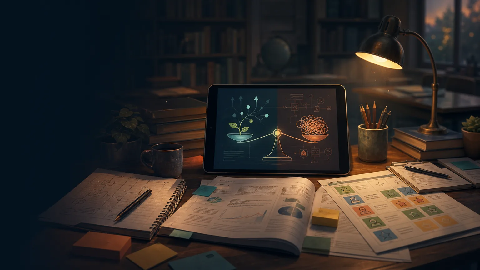 A teacher research desk with papers, charts, and a tablet showing a balance between growth and caution.