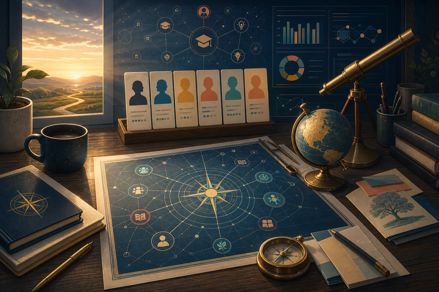 A future-facing education desk with a compass, AI literacy map, student profile cards, globe, and horizon glow.