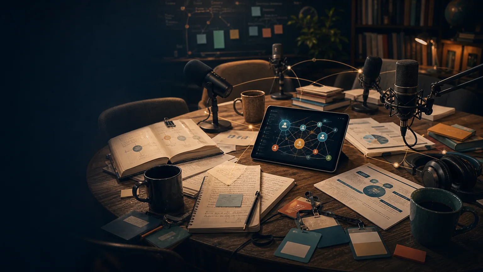 A scholarly roundtable with microphones, books, policy notes, and a tablet showing connected discussion nodes.